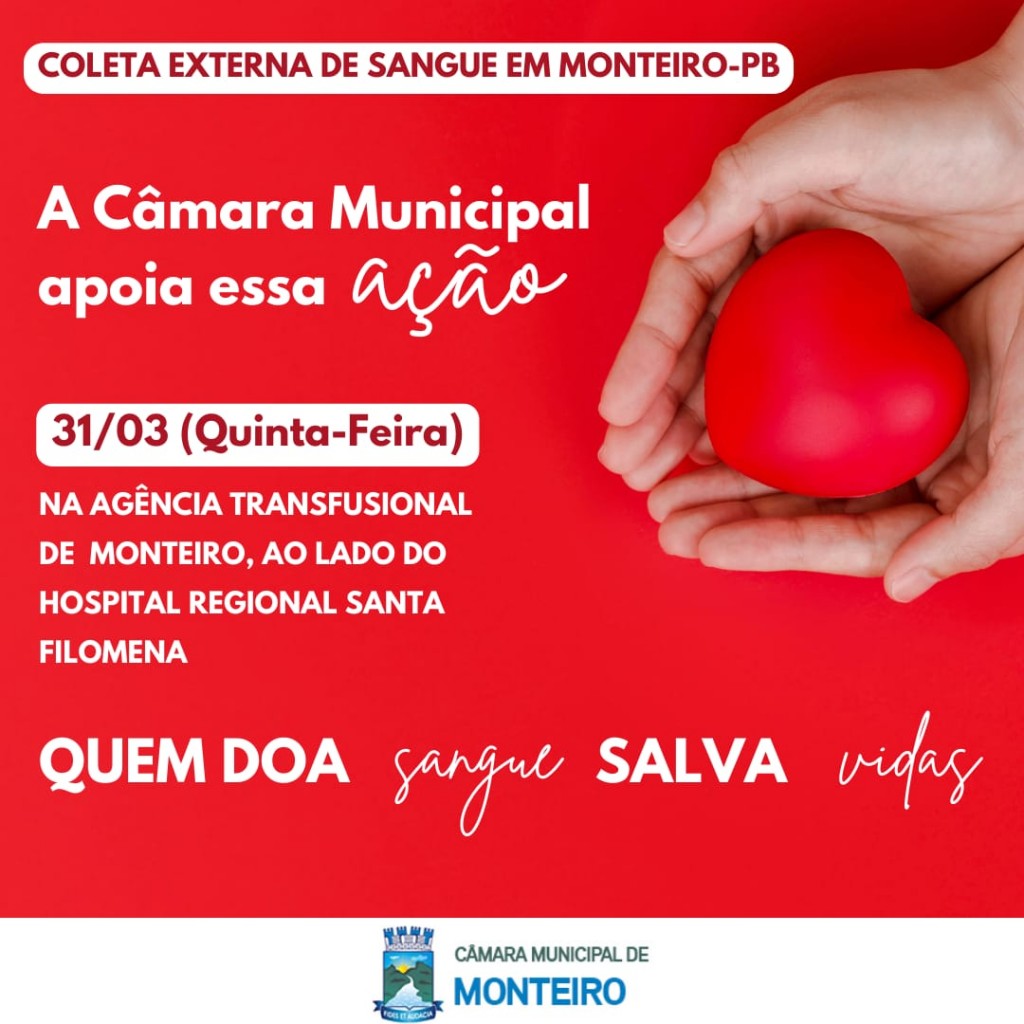 Nesta quinta-feira (31/03) haverá coleta de sangue na Agência Transfusional em Monteiro-PB.