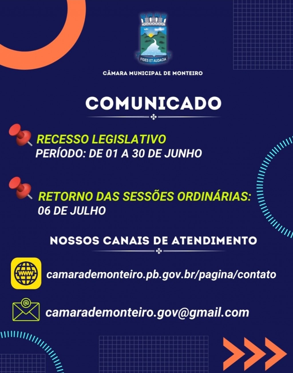 Câmara de Monteiro entra em período Recesso Legislativo a partir desta quinta-feira.